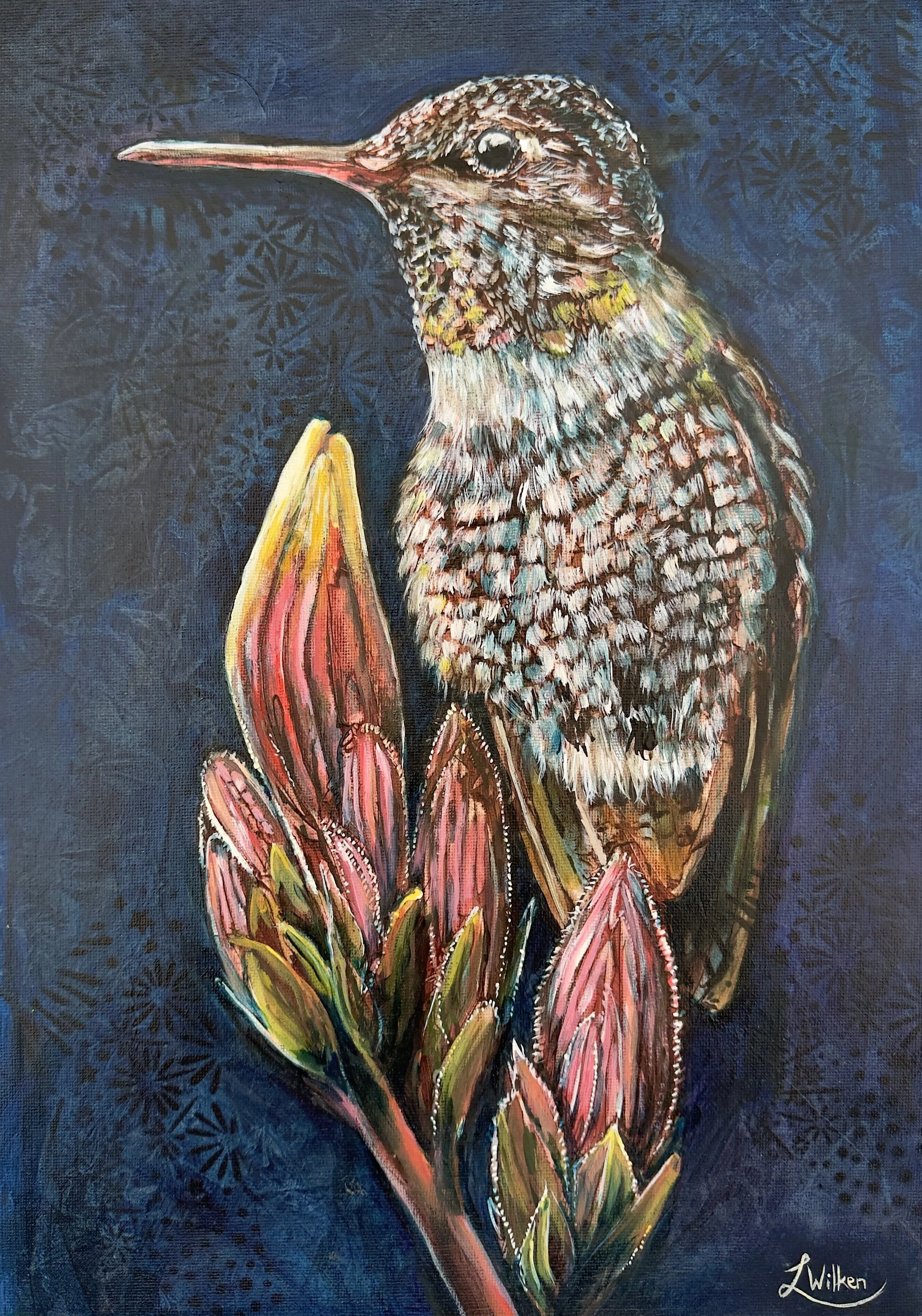 THE GLOW OF THE GRATEFUL (The Sanctuary of the Small)   Mixed media and Oil Paint on unstreched Canvas, 42/30cm.  
In this vibrant study of light and life, a small bird is cradled by a lush canopy of golden edged leaves and soft unfolding blooms.  Th