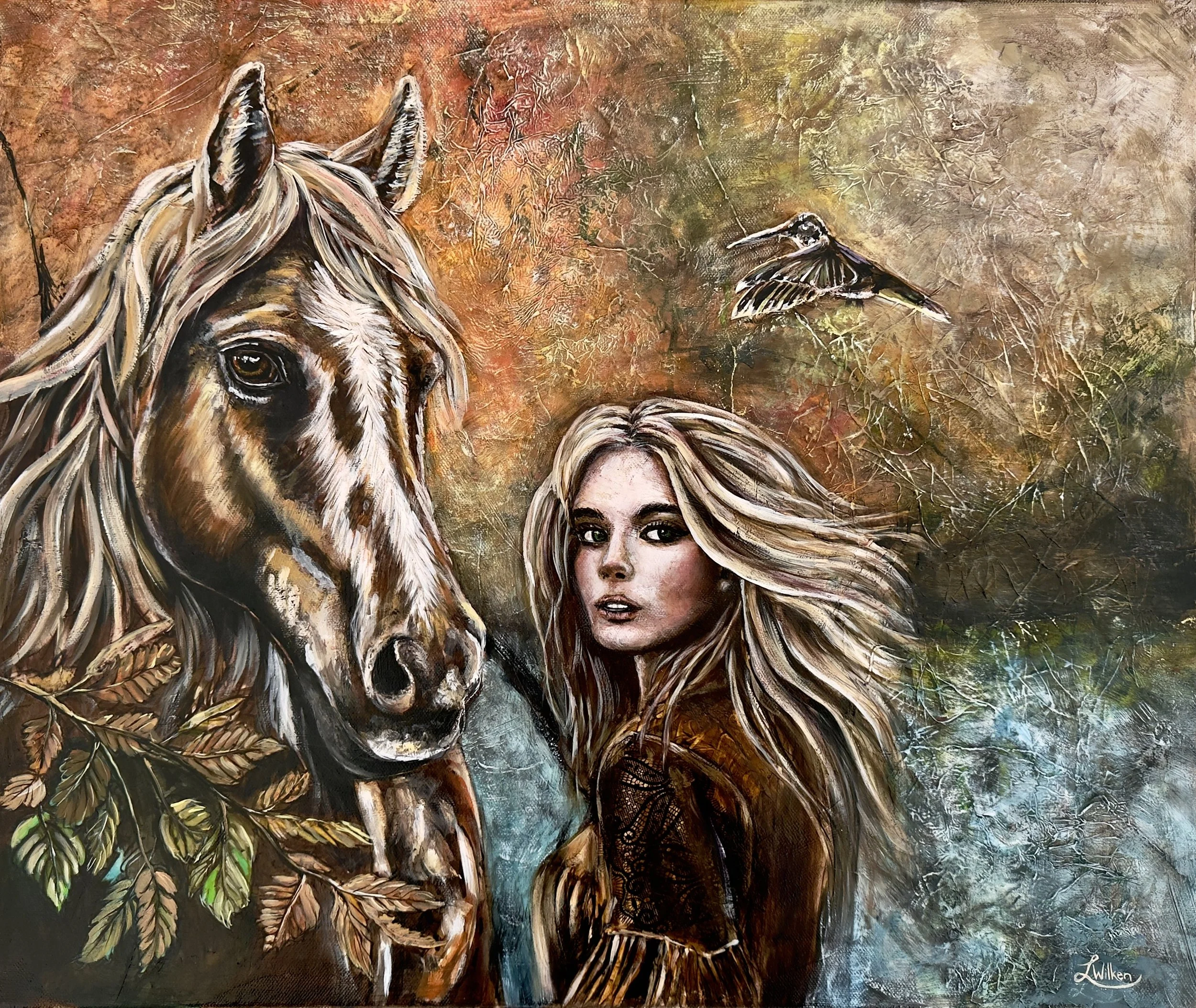A Tapestry of Tended Souls:  This mixed-media work in oil and ink explores the narrative of Attunement - the synchronised harmony between the human spirit, the strength of the earth (the horse), and the delicate movement of prayer (the bird). Through