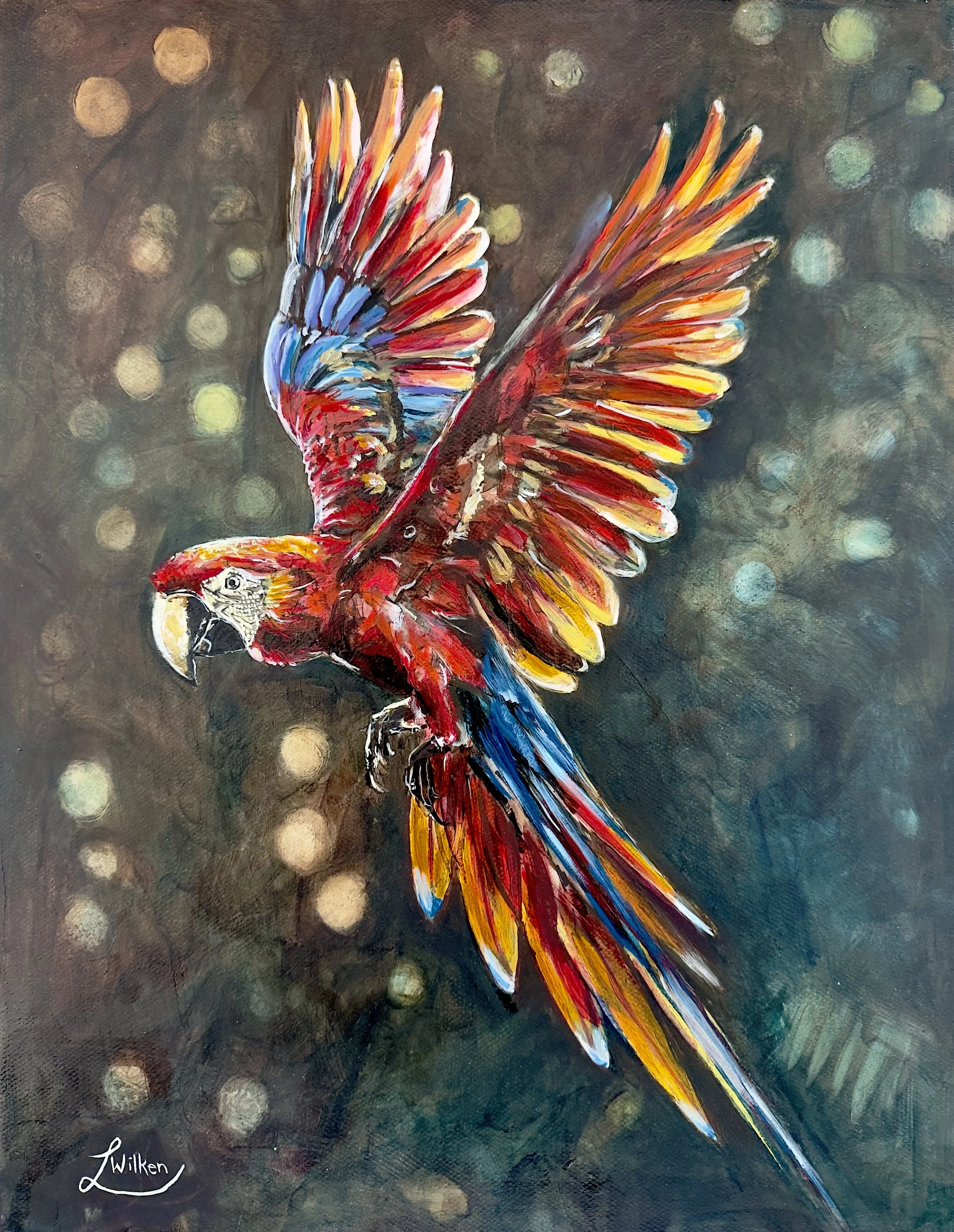 Spectrum of praise (Strength in the Stretch)   Oil Paint on stretched Canvas, 45/35cm.
A vibrant Macaw, captured in mid-flight, its wings fully extended as it soars through a dark, ethereal space with glimmering light.  The spectrum of its plumage - 