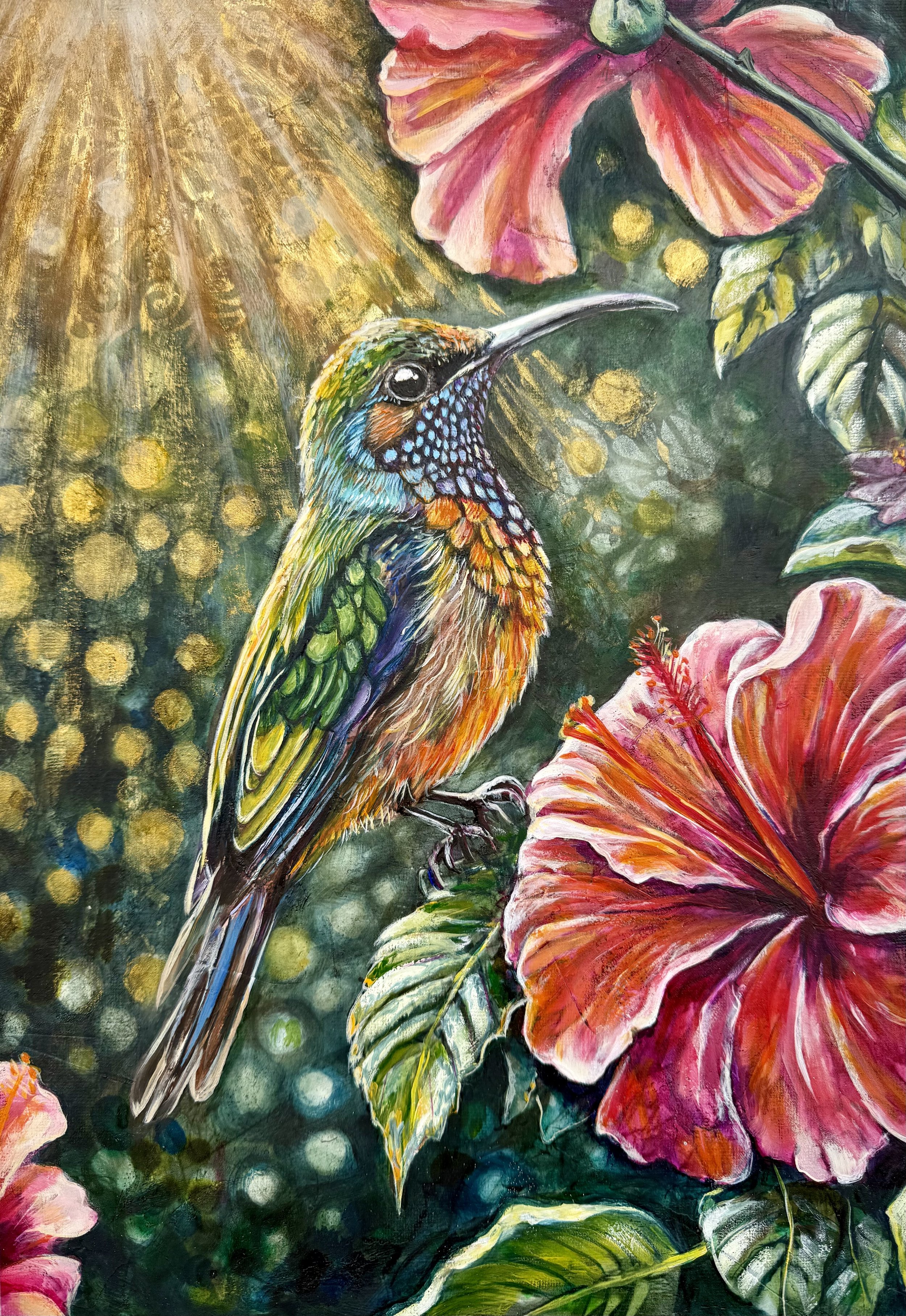 Original bird painting ‘Behold the Radiant Quiet’ by Liezle Wilken.  A contemplative piece from the Bird Series capturing a moment of stillness and radiant praise to the Creator.