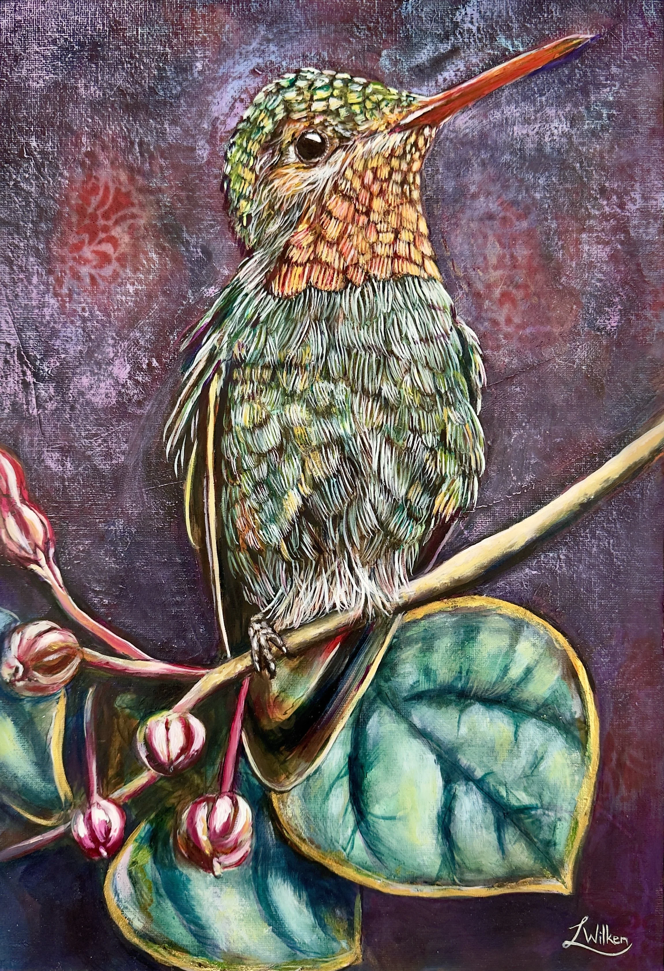 THE GOLDEN THREAD OF HOPE (The Tapestry of Trust)   Mixed Media and Oil on Unstreched Canvas | 42/30cm.  
A study in texture and quiet expectation, this piece captures a bird nestled on a branch edged in gold leaves, Set against the deep, meditative 