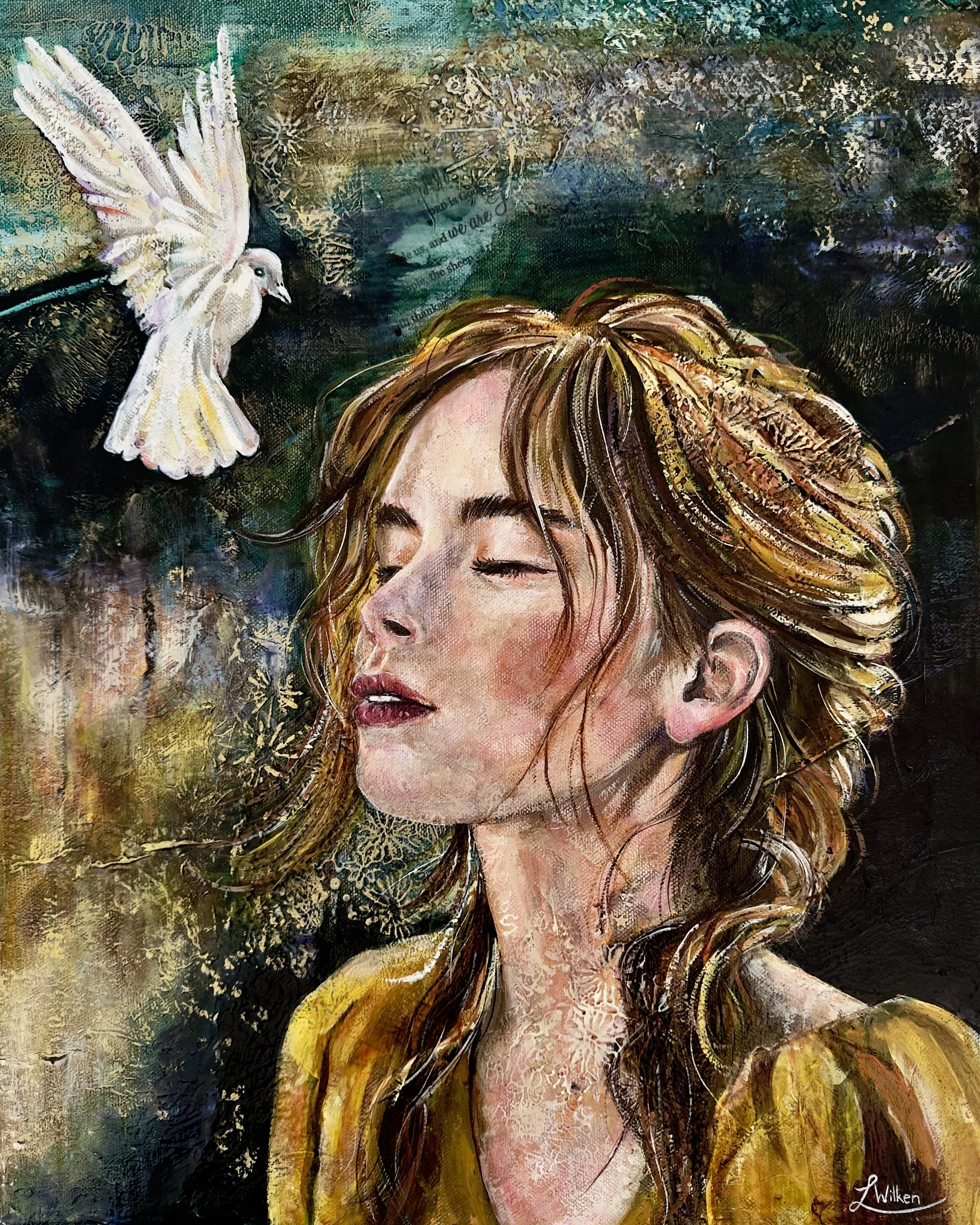 The Haven of His Presence: “Enter His gates with thanksgiving..” (Psalm 100:4)  A visual “Sacred Selah” this piece captures the profound intimacy of a soul at rest. Built upon a foundational layer of decoupaged Scripture, the artwork illustrates the 