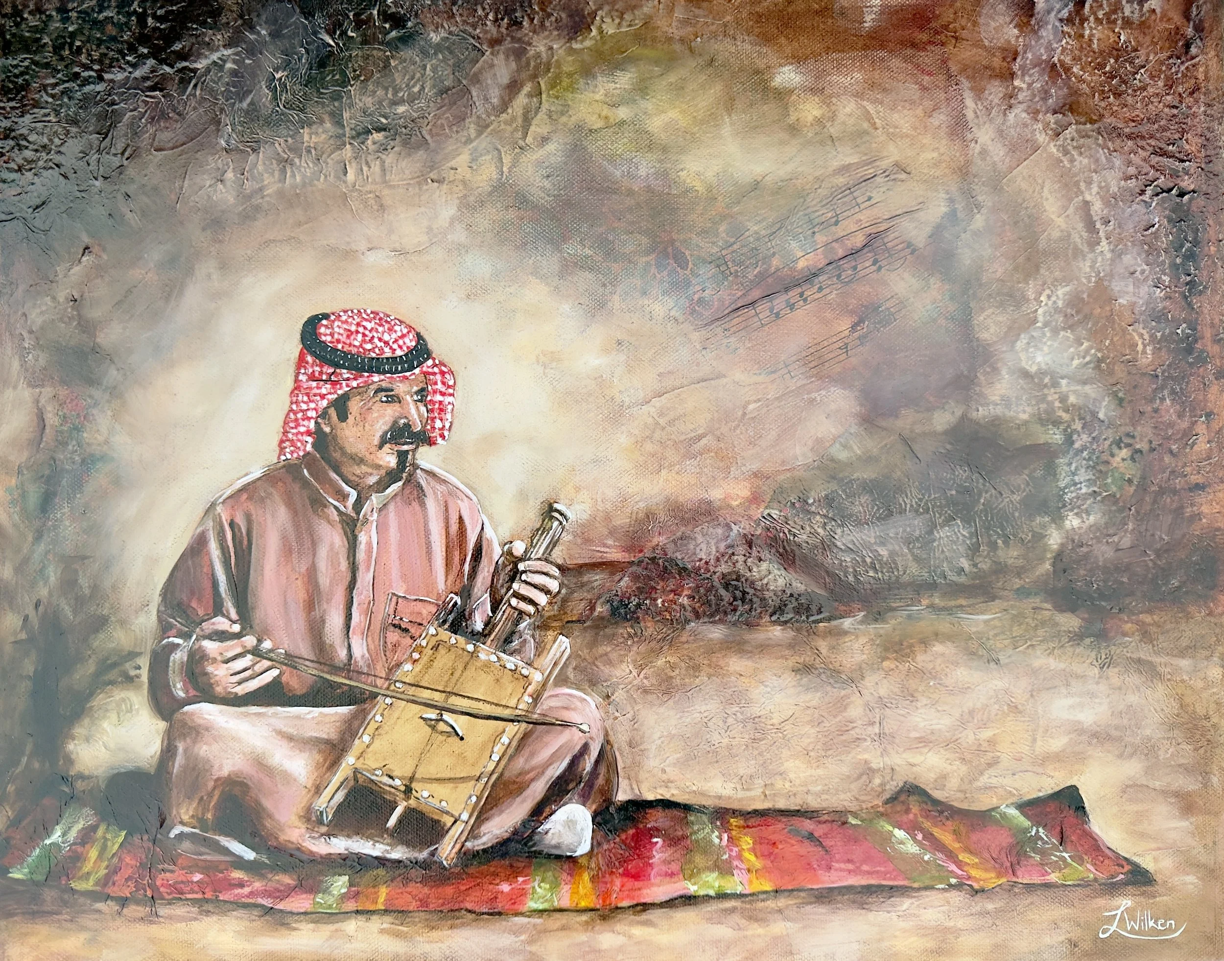 THE MELODY OF THE DESERT   Mixed Media and Oil paint on stretched canvas. 50/40cm.
The Echo of the Unseen   In this piece of the series, the focus shifts from the physical journey to the internal song.  As the musician sits in a posture of quiet dign