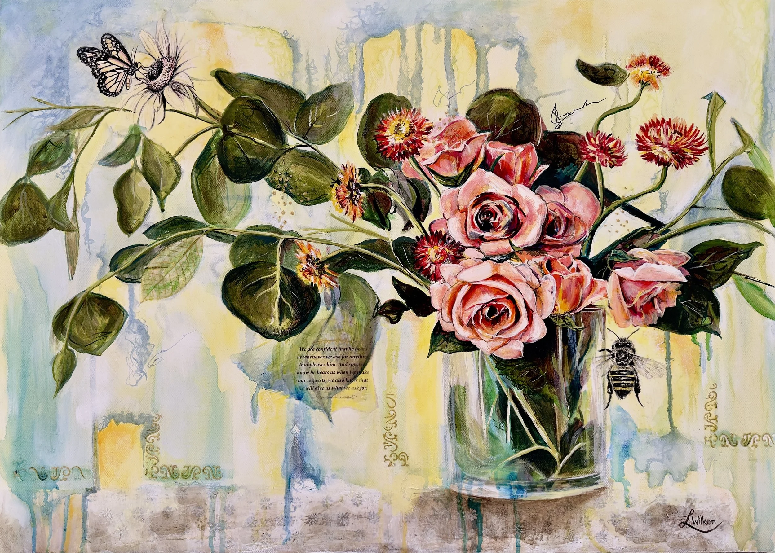 BETWEEN WORD AND WING (The Petition)   This piece grounded in the promise of 1 John 5:14-15, serves as a visual map of our dialogue with the Creator. It captures the vertical movement of faith, starting from the “Word” at the base, rising through the