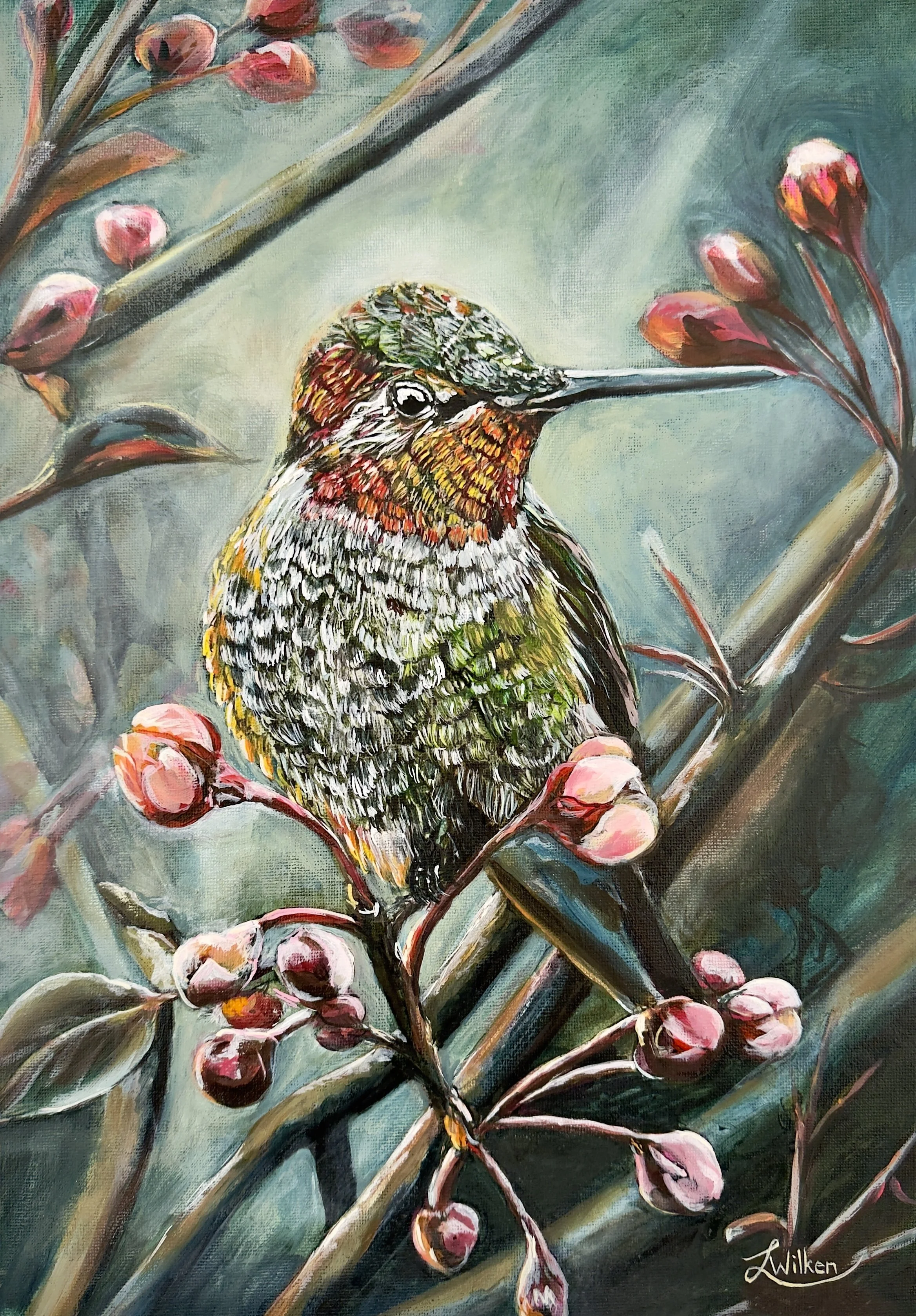 THE FRAGRANCE OF FAITHFULNESS (The Rest of the recipient)   Oil Paint on Unstreched Canvas, 42/30cm.
A tender portrayal of rest and intimacy, this painting features a bird nestled deeply within a cluster of soft, unfolding blossoms.  The dark, atmosp