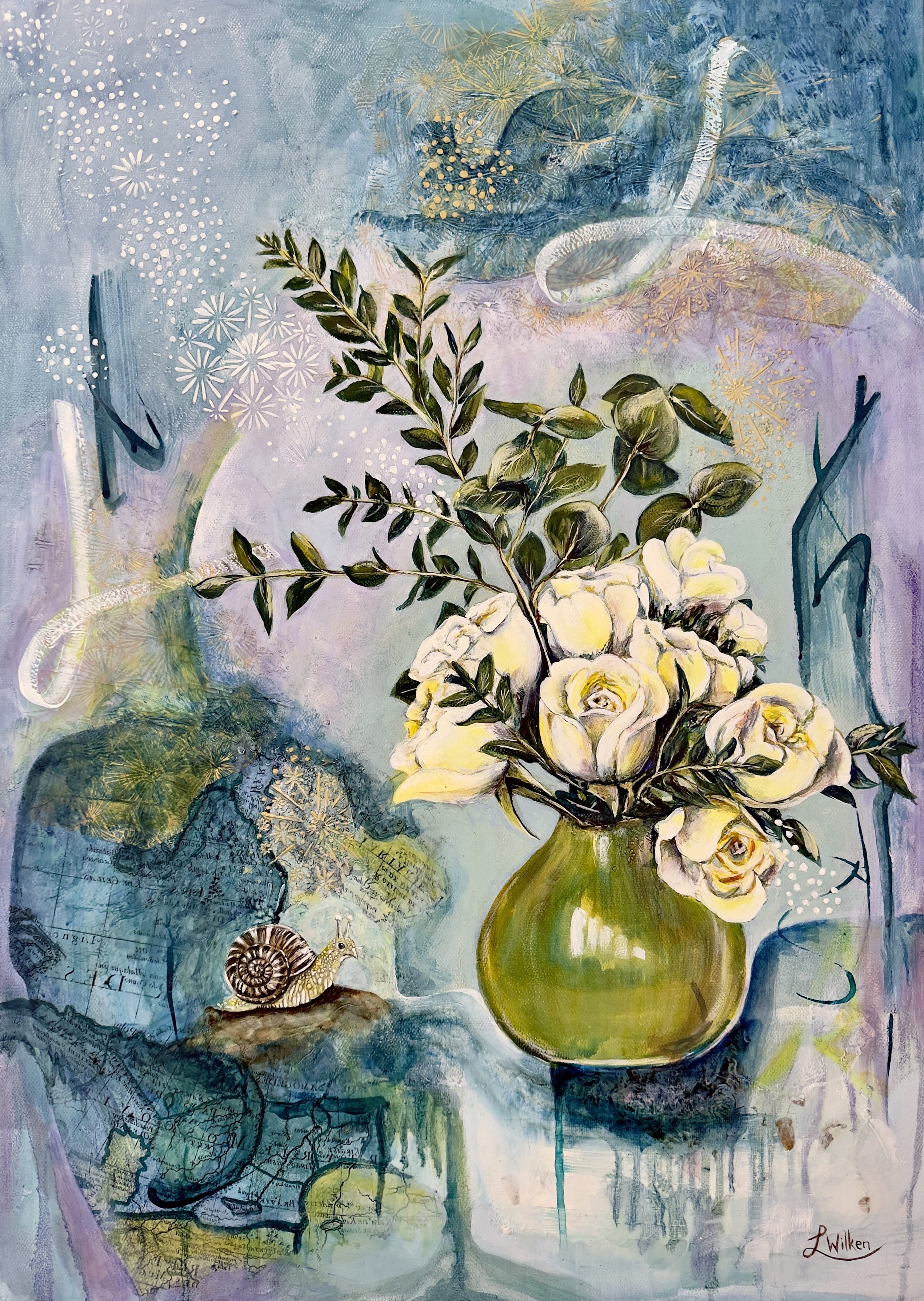 THE SNAIL’S CARTOGRAPHY   The Sanctity of the Slow   This painting is a tribute to the sanctity of the slow.  It represents the “cartography” of a life lived in trust - where we don’t always see the destination, but we can look back and see the silve