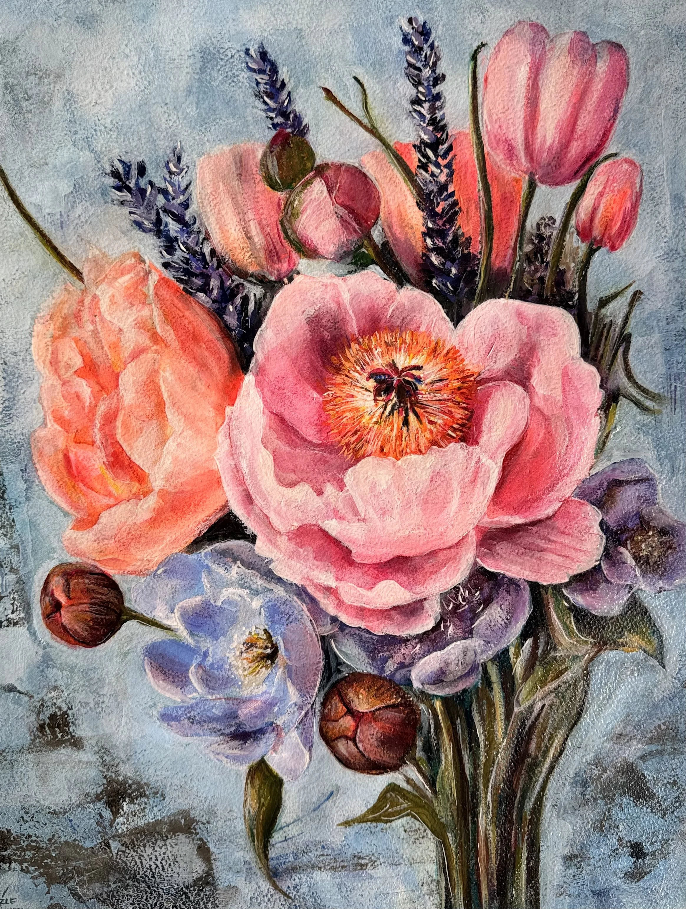 STONE AND SILK    This piece concludes the Floral Series by exploring the paradox of the Kingdom: that God’s strength is perfected in our weakness.  The “Stone” represents the unshakeable nature of His decrees and the “ink” of His truth, while the “S