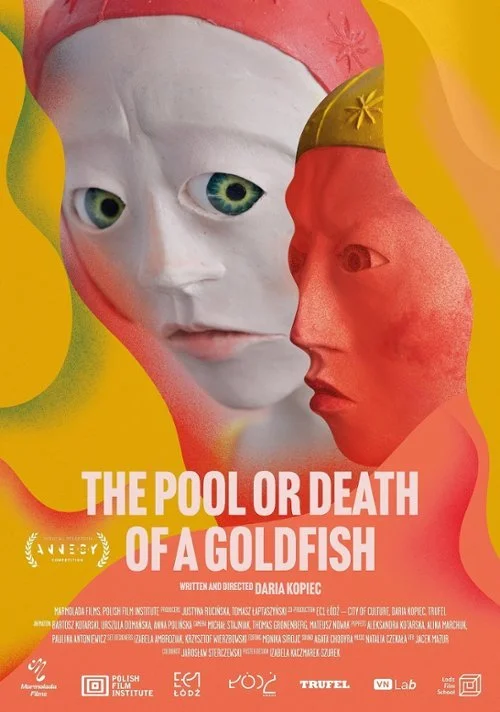 Poster for the film 'The Pool or Death of a Goldfish' featuring two human-like faces with exaggerated features, set against a colorful background with yellow and pink hues, and text indicating the film's title and creators.