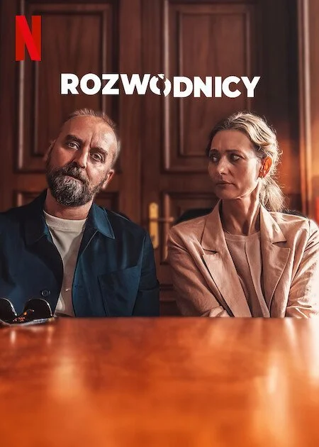 Two people sitting at a wooden table with a wooden-paneled wall in the background, with the word "Rozwodnicy" and a Netflix logo in the top left corner.
