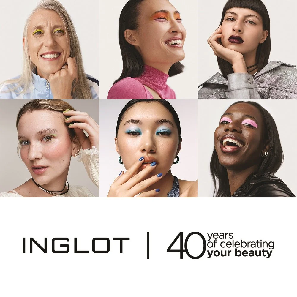 Six women with diverse styles and makeup, smiling and posing, with a logo and text celebrating 40 years of Inglot. The text reads: 'INGLOT | 40 years of celebrating your beauty.'
