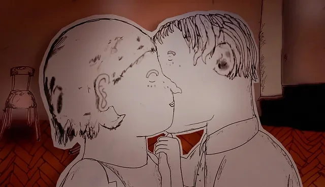 A black-and-white drawing of a boy and girl about to kiss, with simple line art and minimal detail.