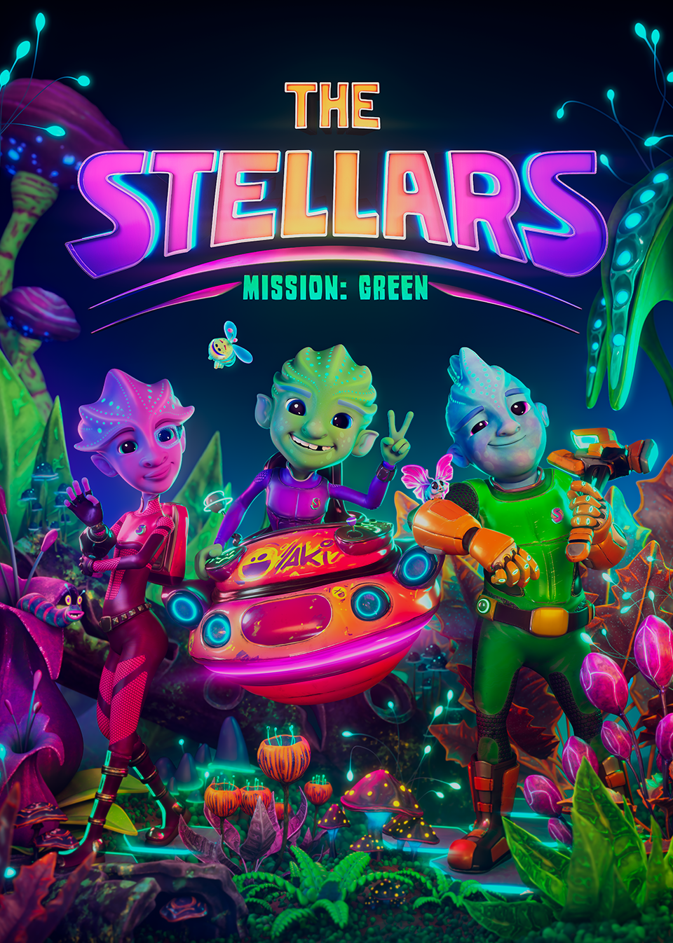 Animated aliens and robots in a colorful, neon-lit alien landscape, with vibrant plants and fungi, promoting a futuristic adventure game called 'The Stellars: Mission Green'.