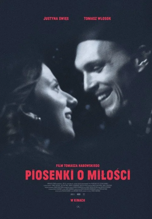 Movie poster for 'Songs About Love' featuring a close-up of a smiling couple looking at each other, with dark background and red text.