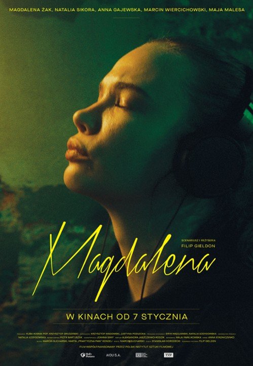 Movie poster for 'Magdalena' featuring a woman with eyes closed, wearing headphones, and surrounded by a green and dark background.
