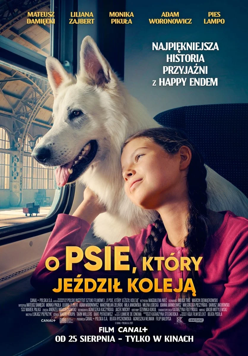 A woman and a husky dog sitting by a train window, enjoying the scenery. The woman is smiling and leaning on the dog, who is looking outside with its tongue hanging out. The scene depicts friendship and happiness.