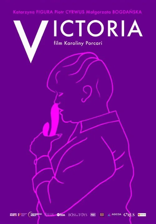 Poster for the film 'Victoria' featuring a neon outline illustration of a girl with closed eyes holding a finger to her lips against a purple background.