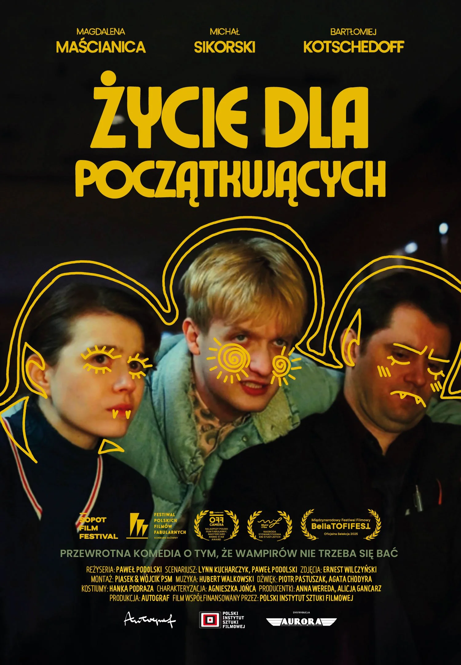 Poster promoting a film with three young people with humorous drawn features overlaid on their faces, dark background, title in large yellow and white text, with film festival and production logos at the bottom.