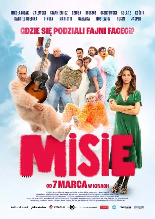A movie poster with a group of people and a dog, with the title 'MISIE' in large red letters and a question in Polish at the top asking where the dogs have gone. The poster includes a mix of characters, some smiling, some serious, with bright, playful colors and a blue sky background.