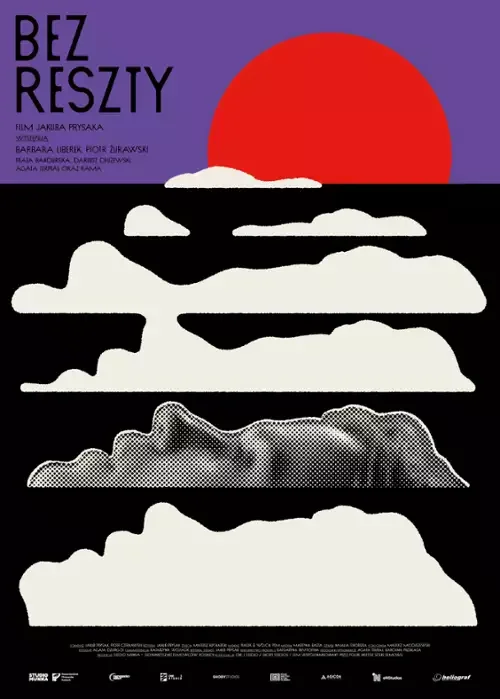 A poster featuring a stylized landscape with clouds and a large red sun in a purple sky at the top. The scene is divided into black and white horizontal sections, with text in the top left corner.