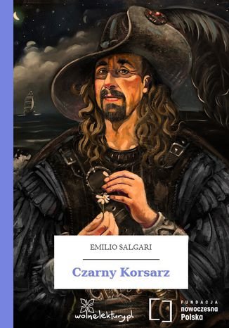 Illustration of a man dressed as a pirate holding a small white flower, with a background featuring a dark cloudy sky over the sea and a sailing ship.
