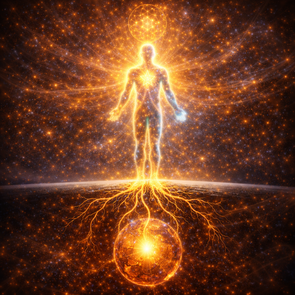 A glowing, ethereal human figure with outstretched arms is surrounded by stars and cosmic energy, with a geometric globe above the head and a radiant sphere below, connected by glowing roots.