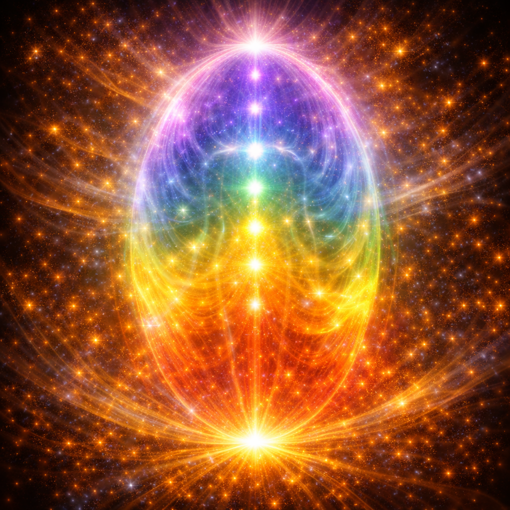 A cosmic scene with vibrant, glowing, multicolored light patterns resembling a celestial or metaphysical experience, including bright stars and radiant energy in the colors of the rainbow.