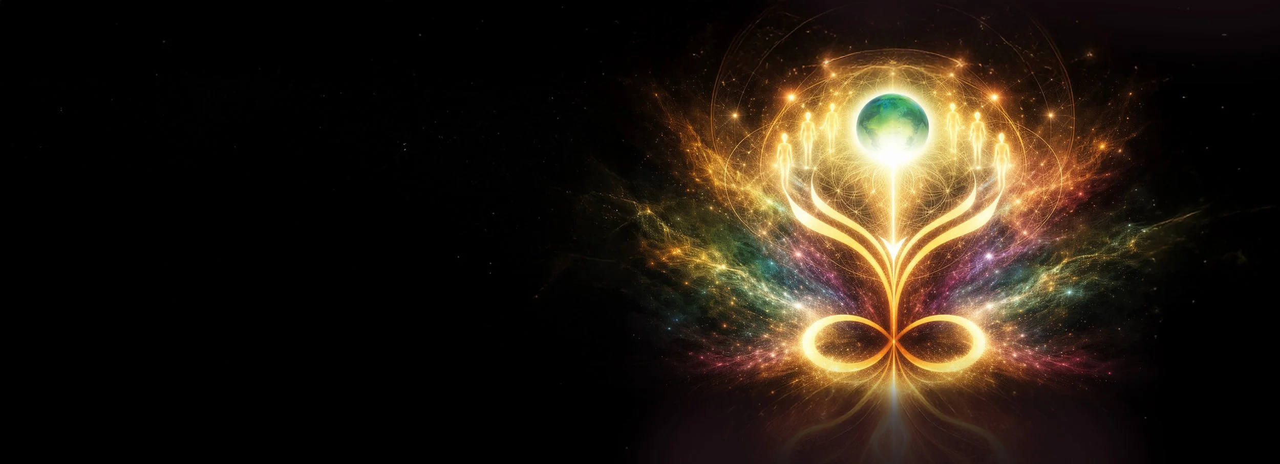 Futuristic digital artwork with glowing human figures surrounding Earth at the center, interconnected by bright lines, with an infinity symbol below, all set against a cosmic background with colorful sparkles.