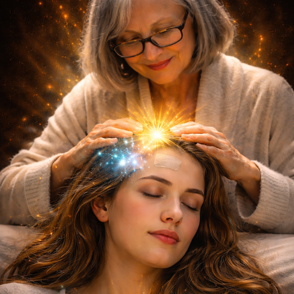 An older woman performing a healing or spiritual ritual on a young woman's forehead, with glowing lights and a radiant energy effect around the head.