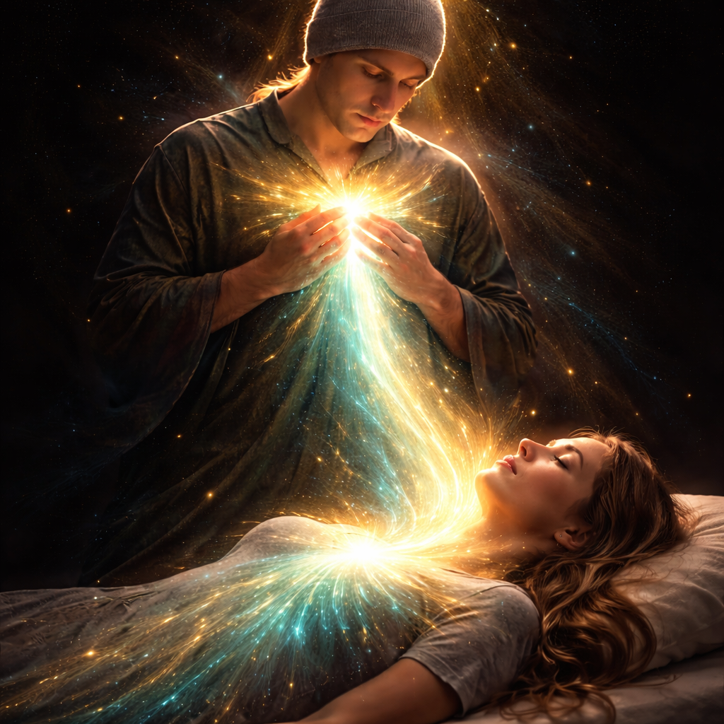 A young man in a beanie and dark shirt appears to be channeling or manifesting energy towards a young woman lying in bed, with bright, cosmic light and energy streams connecting them in a surreal, mystical scene.