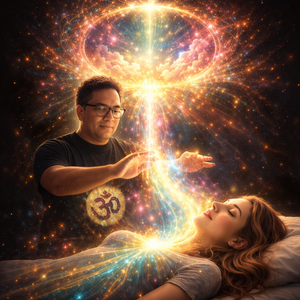A man with glasses and a woman lying on a bed with glowing, colorful light and cosmic effects around them, creating a mystical, spiritual atmosphere.