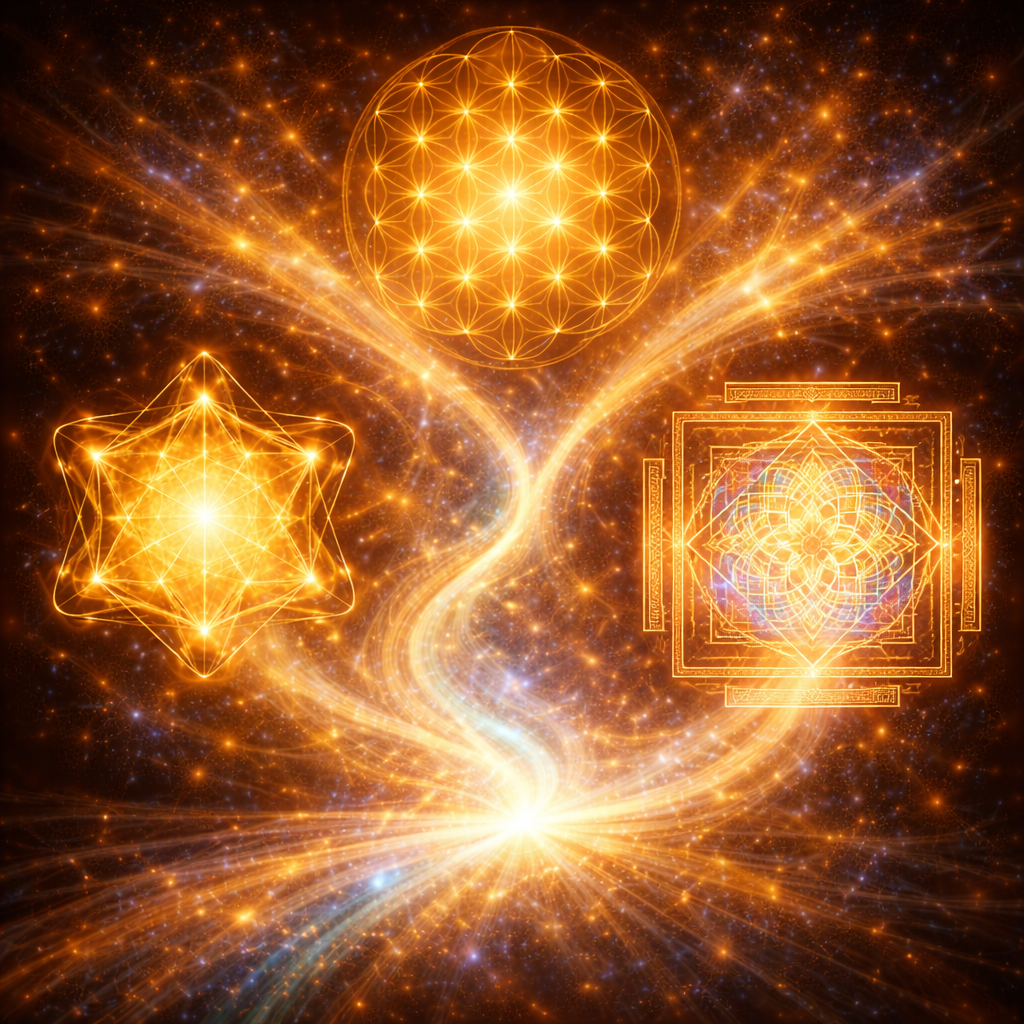 Futuristic glowing geometric shapes floating in space with bright golden light and sparks, including a sphere, a star, and an intricate square design.