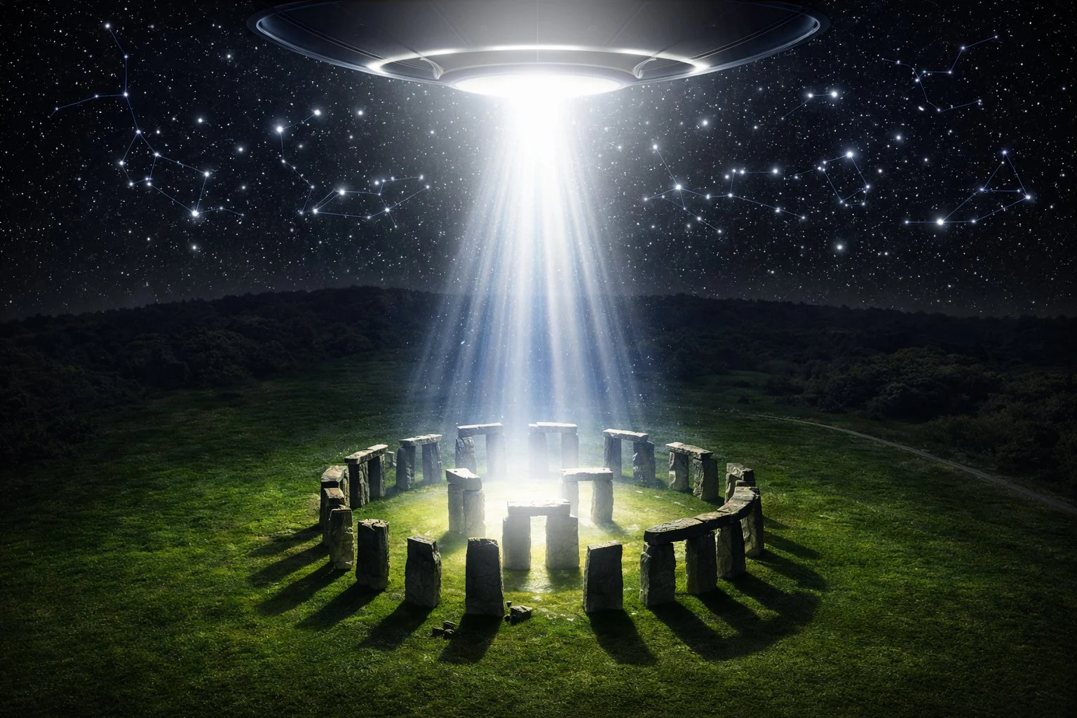 A UFO abducting Stonehenge with a beam of light, set against a starry night sky with constellations.