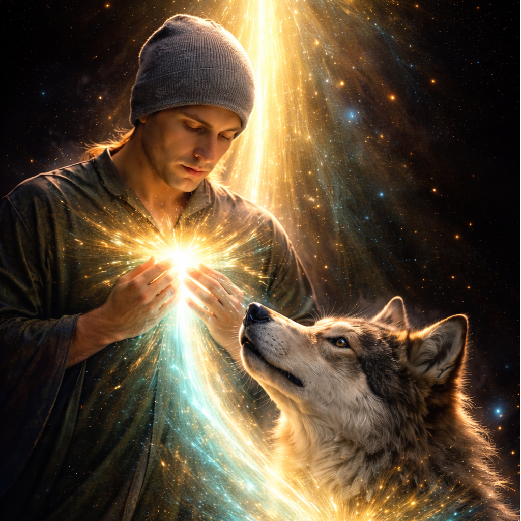 A person wearing a gray beanie holding a glowing, sparkling light close to their chest. A Siberian Husky dog is looking up at the person, with a cosmic background of stars and a radiant burst of light behind them.