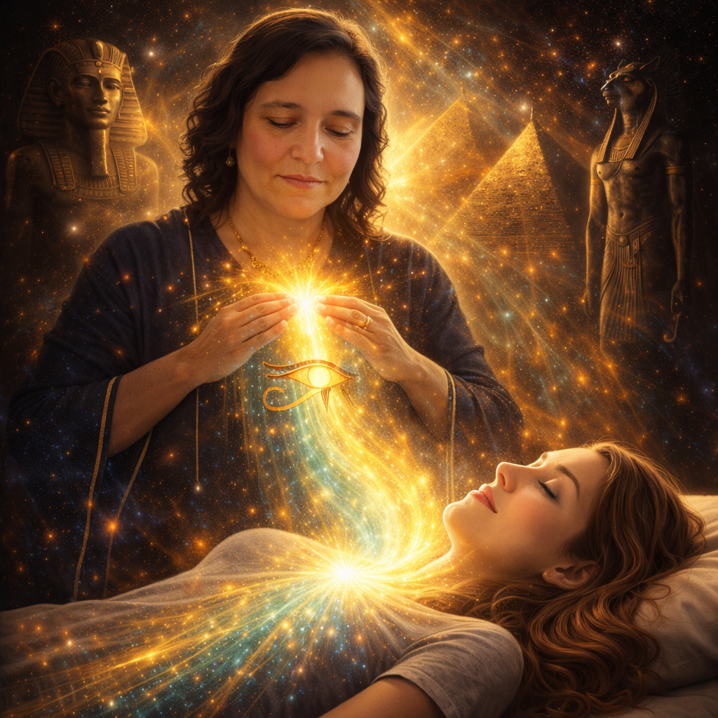 A woman lying down with closed eyes is receiving a mystical healing that emits golden light and sparkles. A woman stands above her with her hands over her chest, radiating a glowing light with an eye symbol. The background features cosmic elements and ancient Egyptian statues, such as a bust of a pharaoh and a feline-headed god.