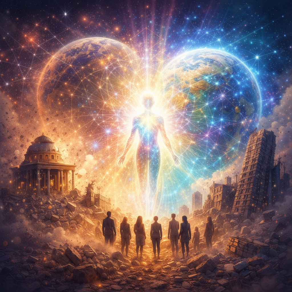 A group of people standing on rocky ground witnessing a glowing, human-shaped figure radiating light in a futuristic, cosmic scene with planets and ruins.
