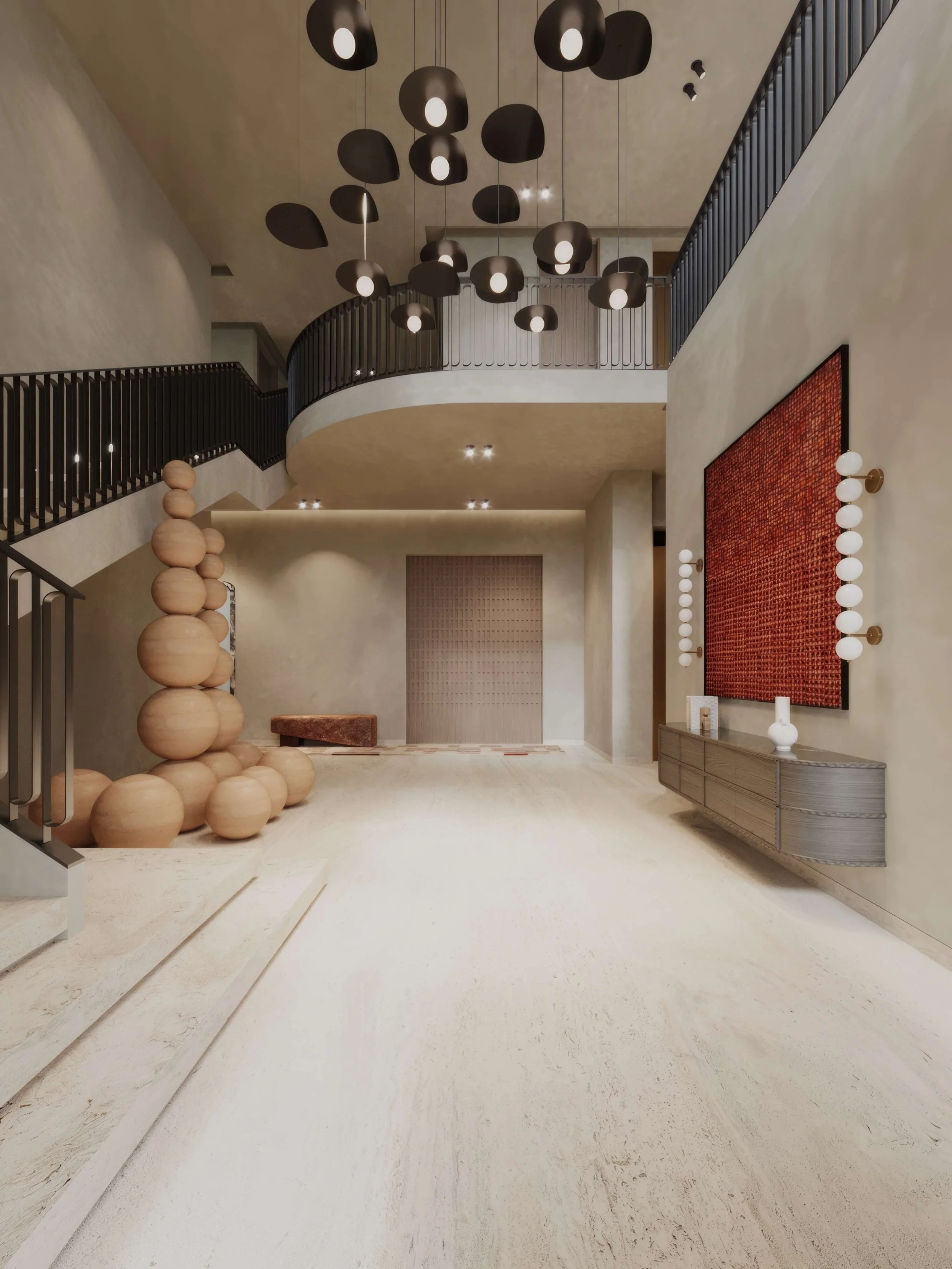 Modern hotel lobby with beige walls and light-colored floor, featuring a tall stacked wooden sphere sculpture near the staircase, a large red textured art piece on the wall, and black pendant lighting fixtures hanging from the ceiling.