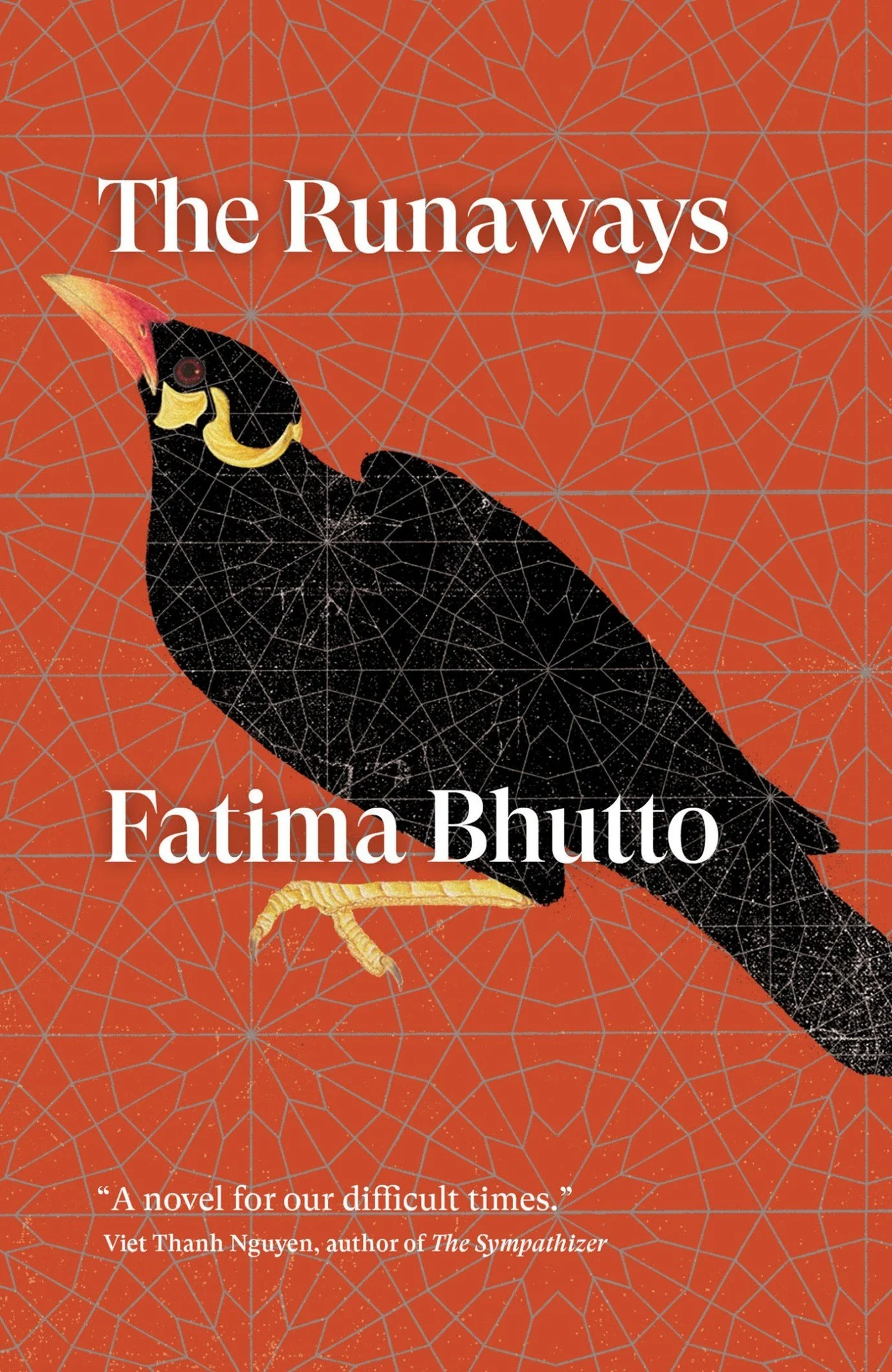 Book cover for 'The Runaways' by Fatima Bhutto, featuring an illustrated black bird with a red-tipped beak on an orange background with geometric patterns.