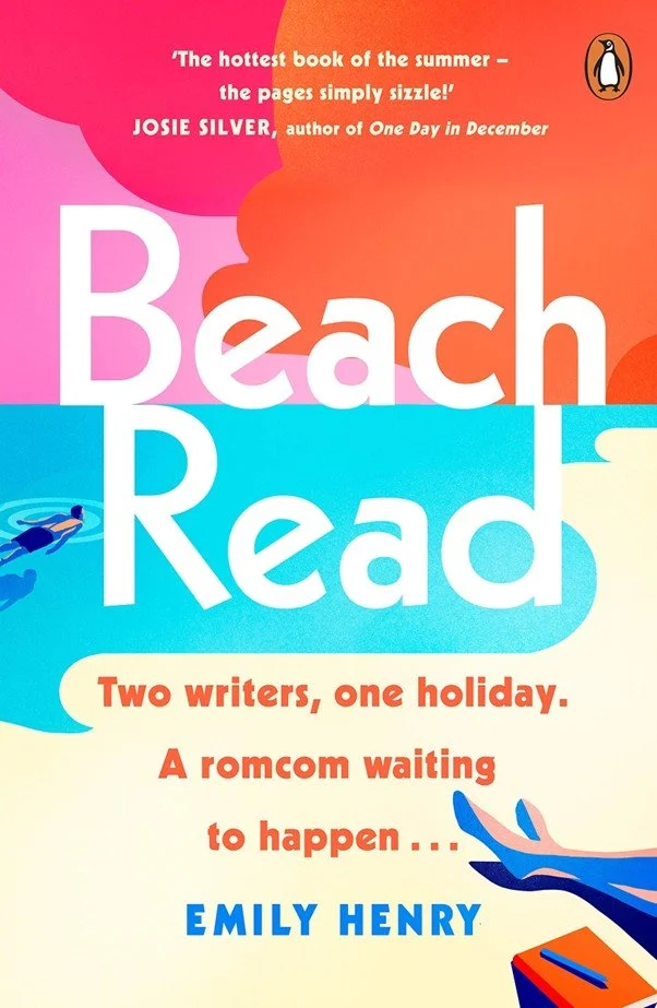 Book cover titled "Beach Read" by Emily Henry. The cover features a colorful design with a person swimming in the ocean on the left side and a hand holding a book on the right side. The background includes bright pink, orange, and blue colors.
