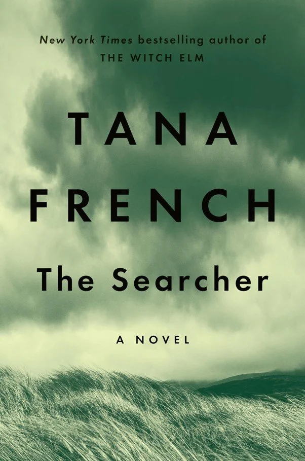 Book cover for 'The Searcher' by Tana French featuring a stormy, cloudy sky and grassy plains.