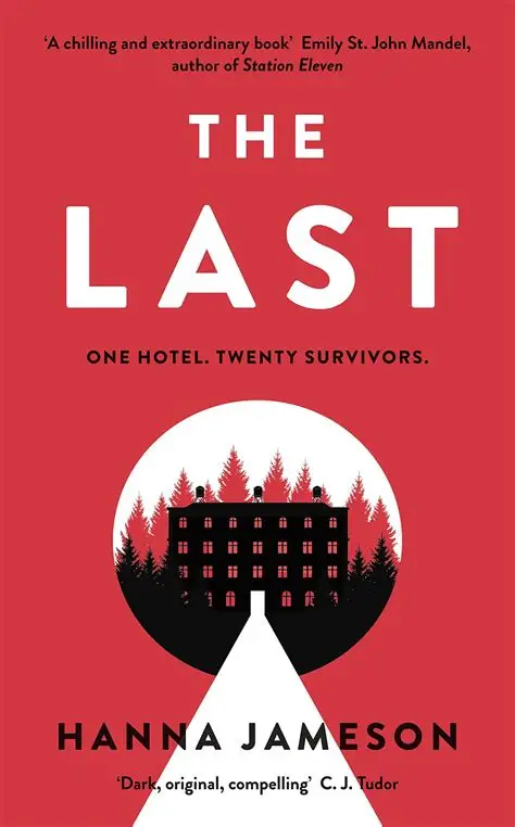 Red book cover titled 'The Last: One Hotel. Twenty Survivors.' by Hanna Jameson, featuring a silhouette of a hotel surrounded by trees and a white path leading to it.