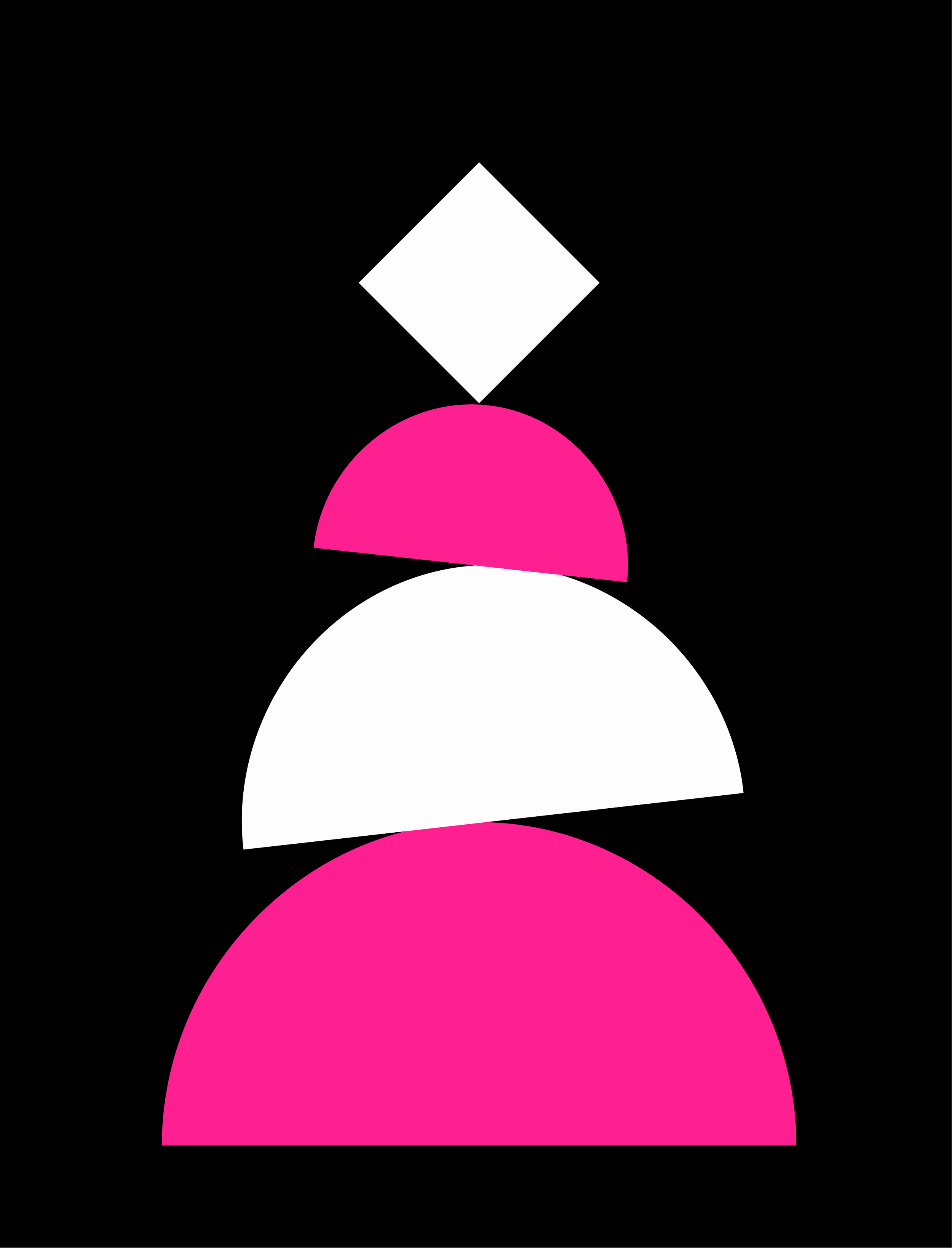 Abstract pink, white, and black geometric shapes arranged vertically against a black background.