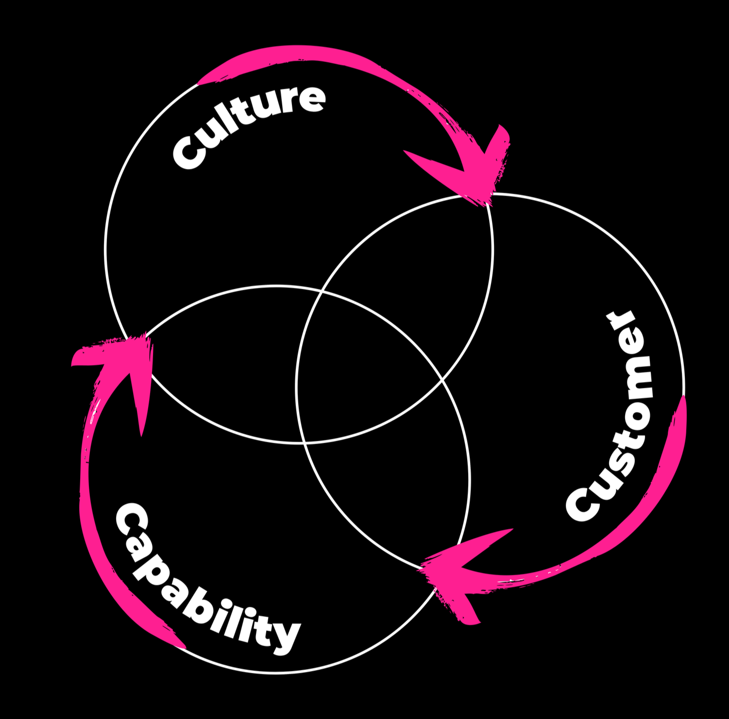 Venn diagram with three circles labeled Culture, Customer, and Capability. Pink arrows indicate a cycle from Culture to Customer to Capability and back to Culture.