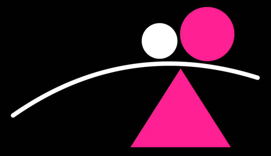Abstract digital illustration of a scale balancing a small white circle and a large pink circle on a tilted triangle base, all on a black background.