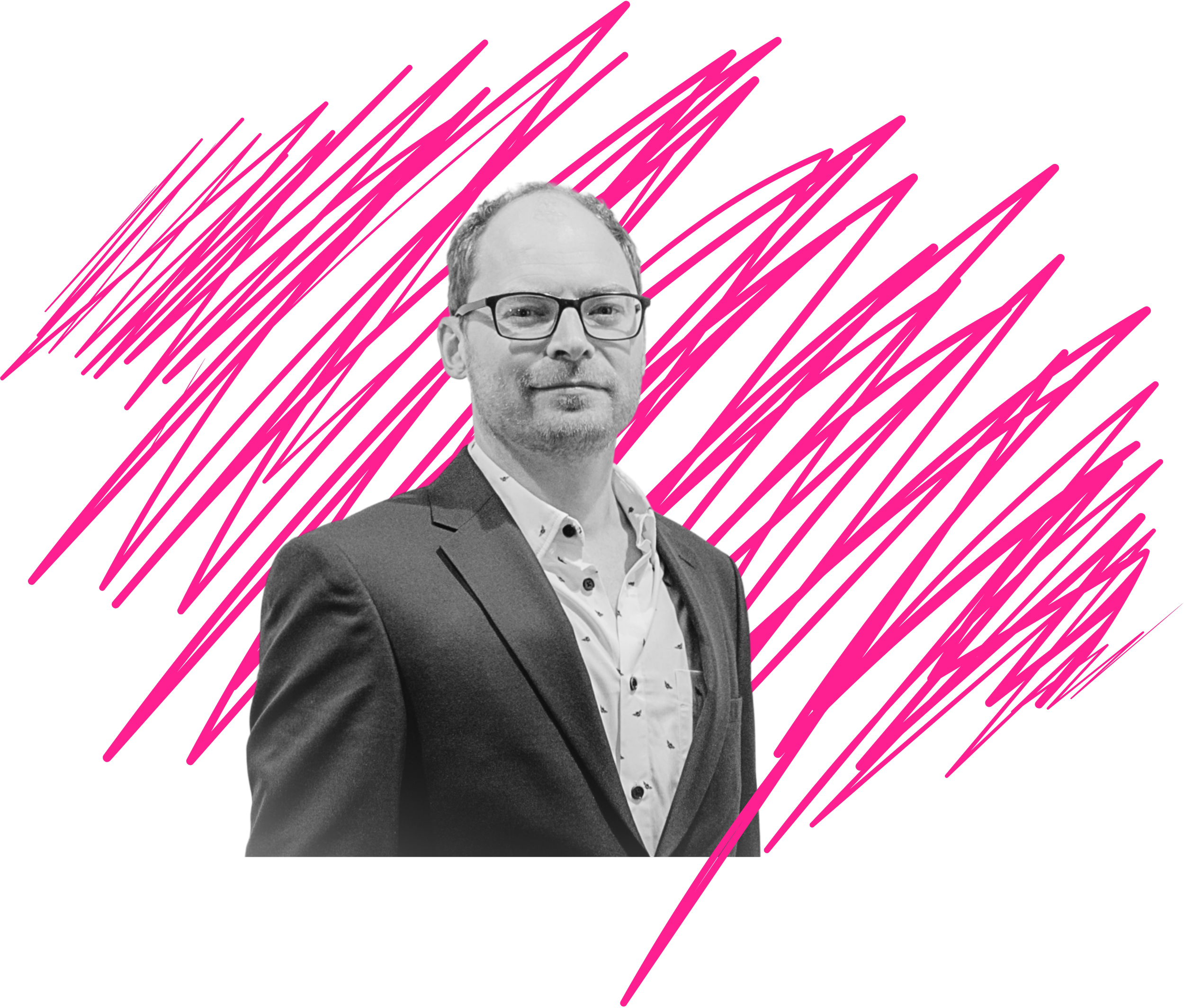 Black-and-white photo of a man wearing glasses, a suit, and a patterned shirt, positioned in front of a black background with pink abstract scratch-like lines.