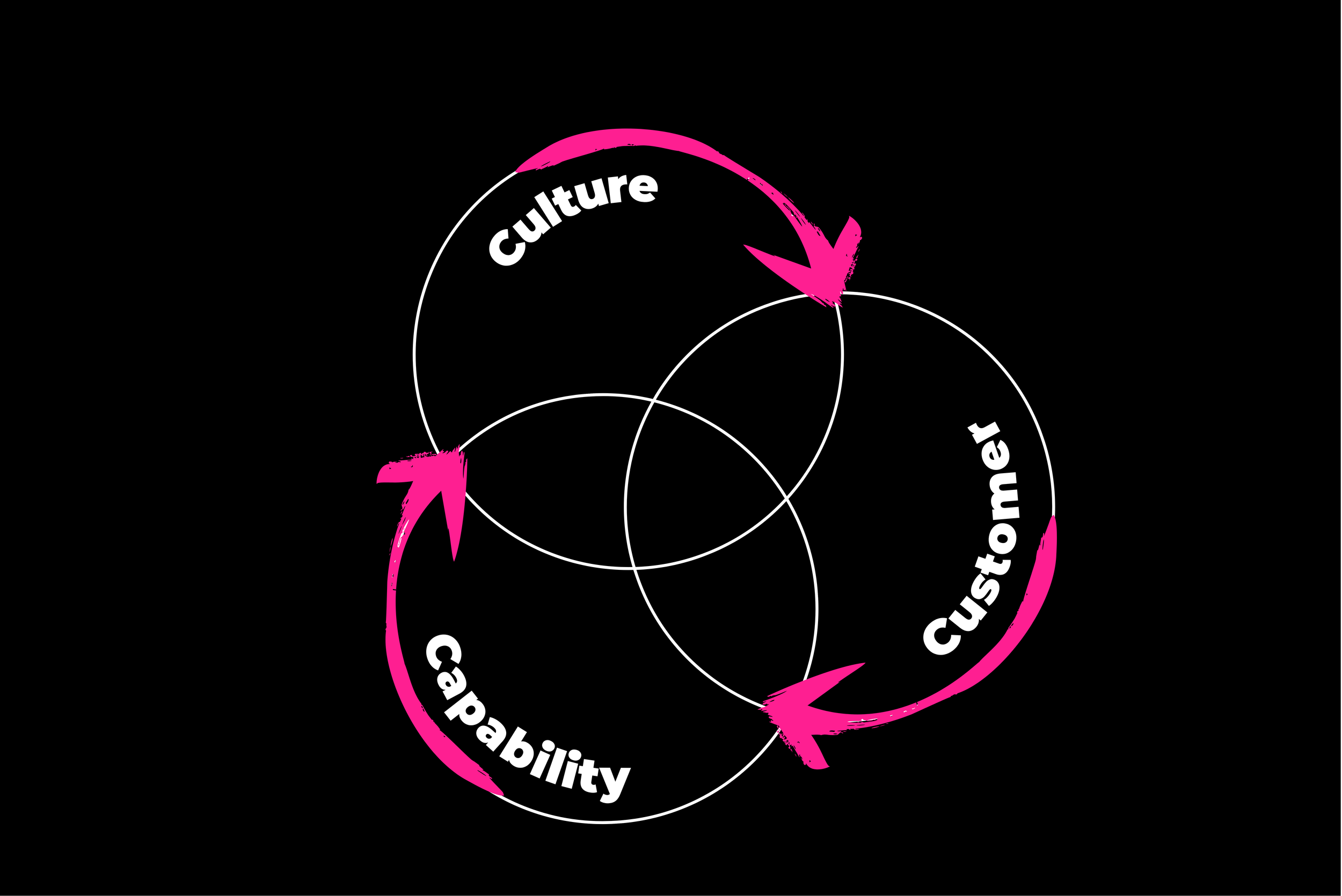Venn diagram with three intersecting circles labeled Culture, Customer, and Capability, with pink arrows indicating a cyclical relationship among them.
