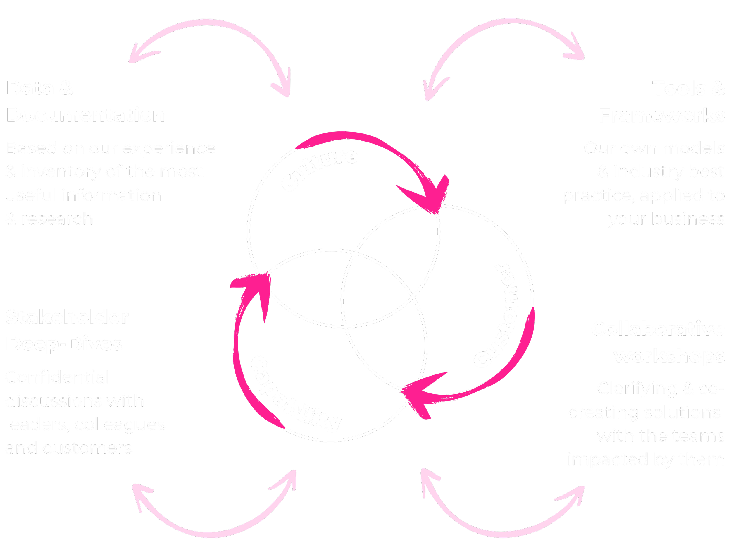 Diagram showing a cycle of business practices with these components: Data & Documentation, Tools & Frameworks, Culture, Customer, Capability, Stakeholder Deep-Dives; with arrows linking them. Descriptions include research, models, workshops, discussions, and solutions co-creation.