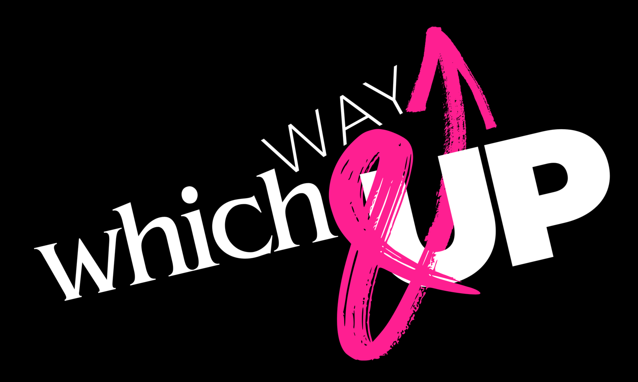 Pink ribbon integrated into white text that reads "www.whichup.com" on a black background.