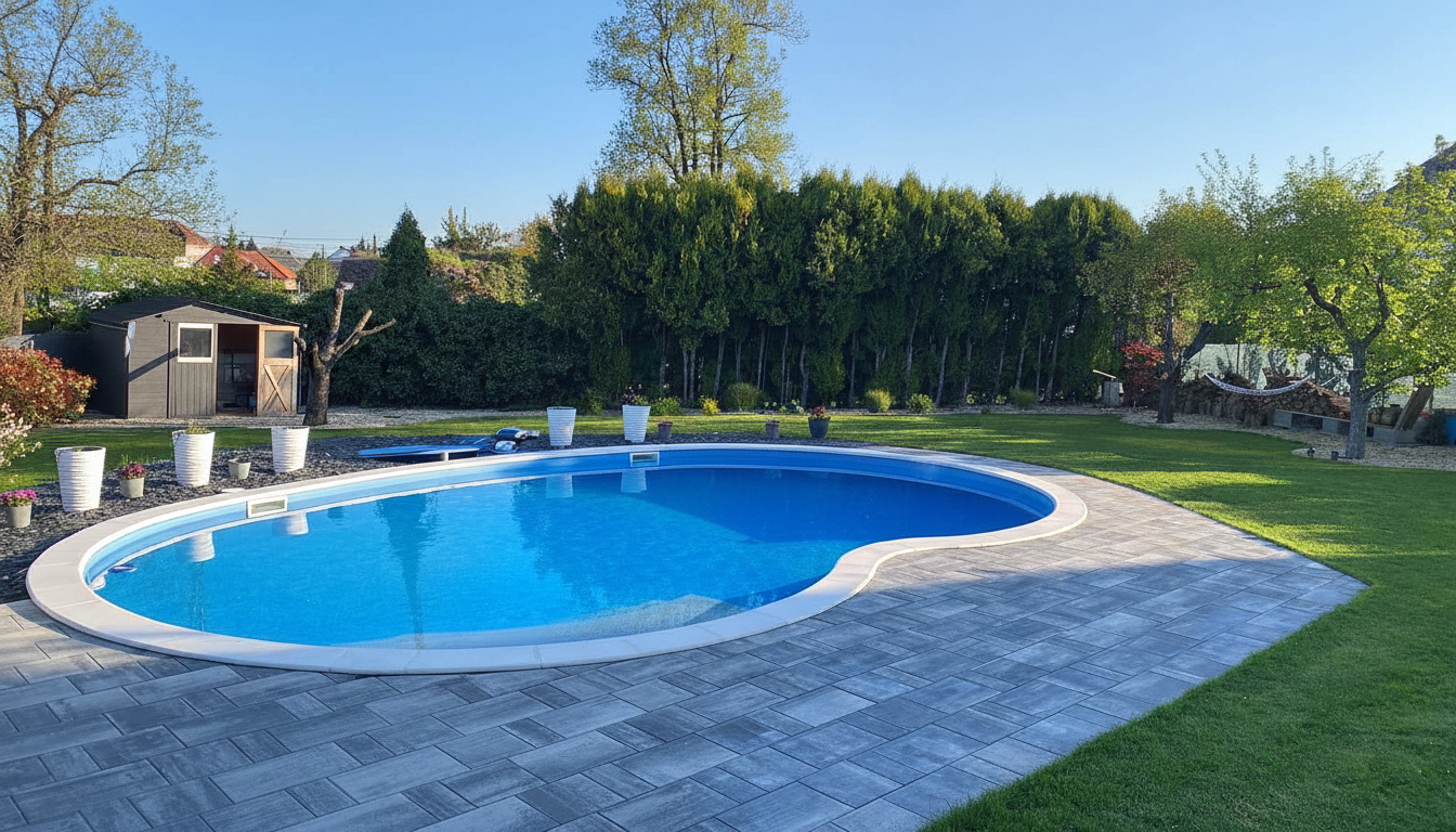 Alt szöveg: Élénk kék színű, egyedi tervezésű műanyag medence, beépített lépcsőkkel és pihenősarokkal. Tökéletes választás modern és mediterrán stílusú kertekbe.