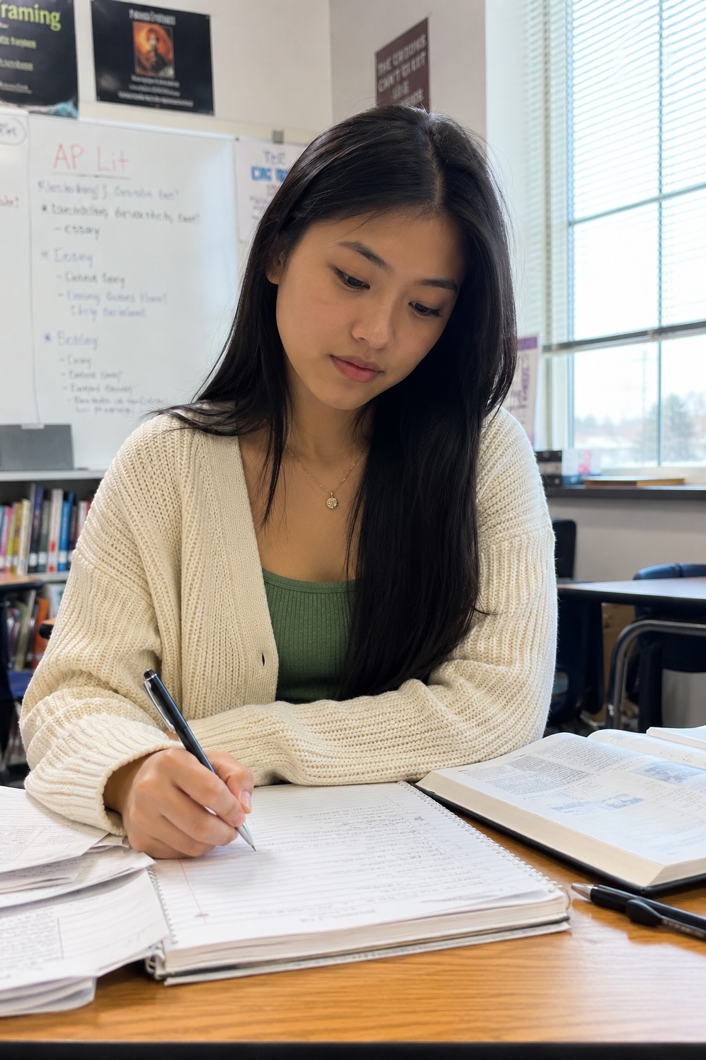 A female high school student writing in an English classroom