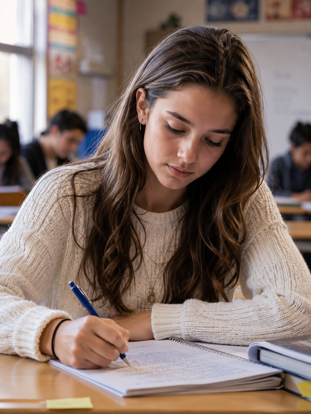 A female high school student writing in a notebook.